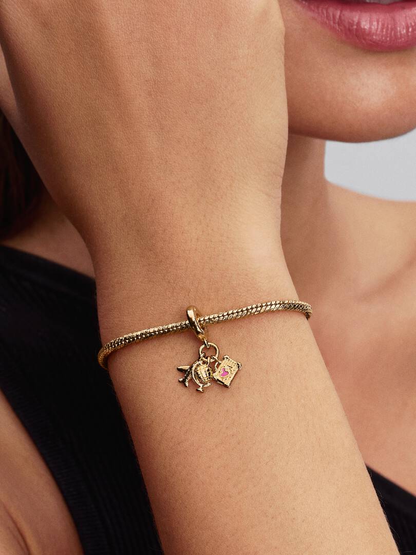 Pandora Airplane, Globe & Suitcase Triple Dangle Charm 14k gold plating