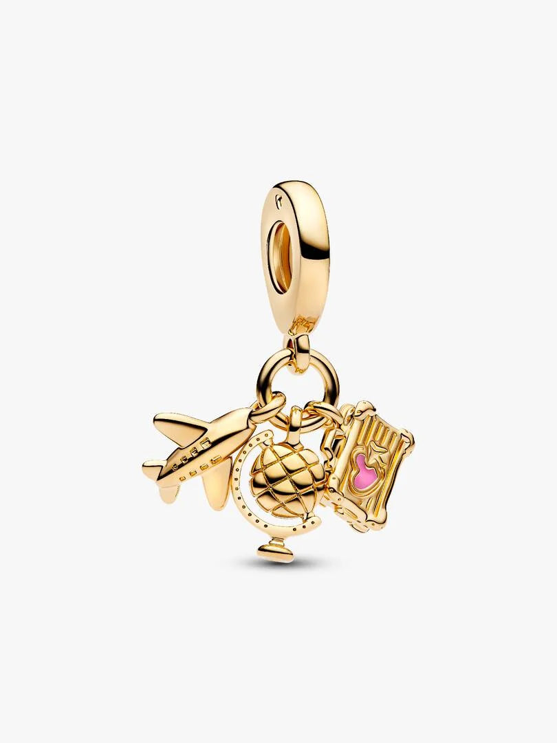 Pandora Airplane, Globe & Suitcase Triple Dangle Charm 14k gold plating