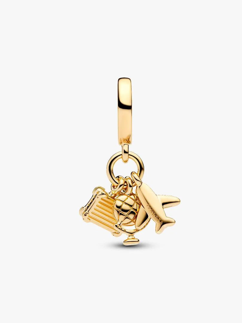 Pandora Airplane, Globe & Suitcase Triple Dangle Charm 14k gold plating