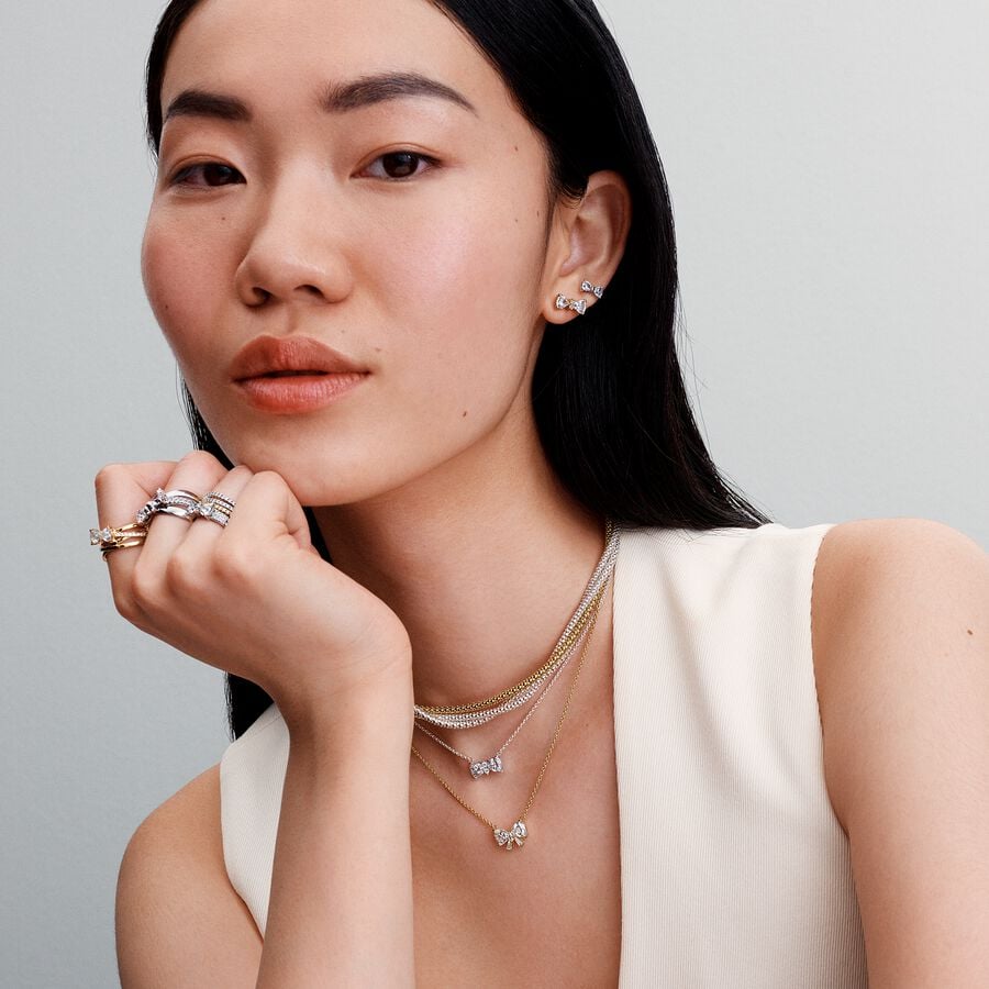 Pandora Sparkling Bow Necklace Silver with Gift Box