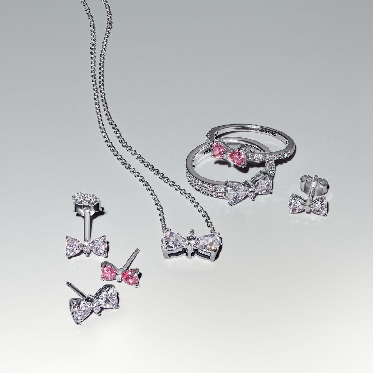 Pandora Sparkling Bow Necklace Silver with Gift Box